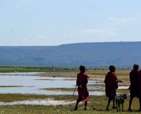 Enfants masaïs escortant une petite chèvre dans la région du lac Natron.
