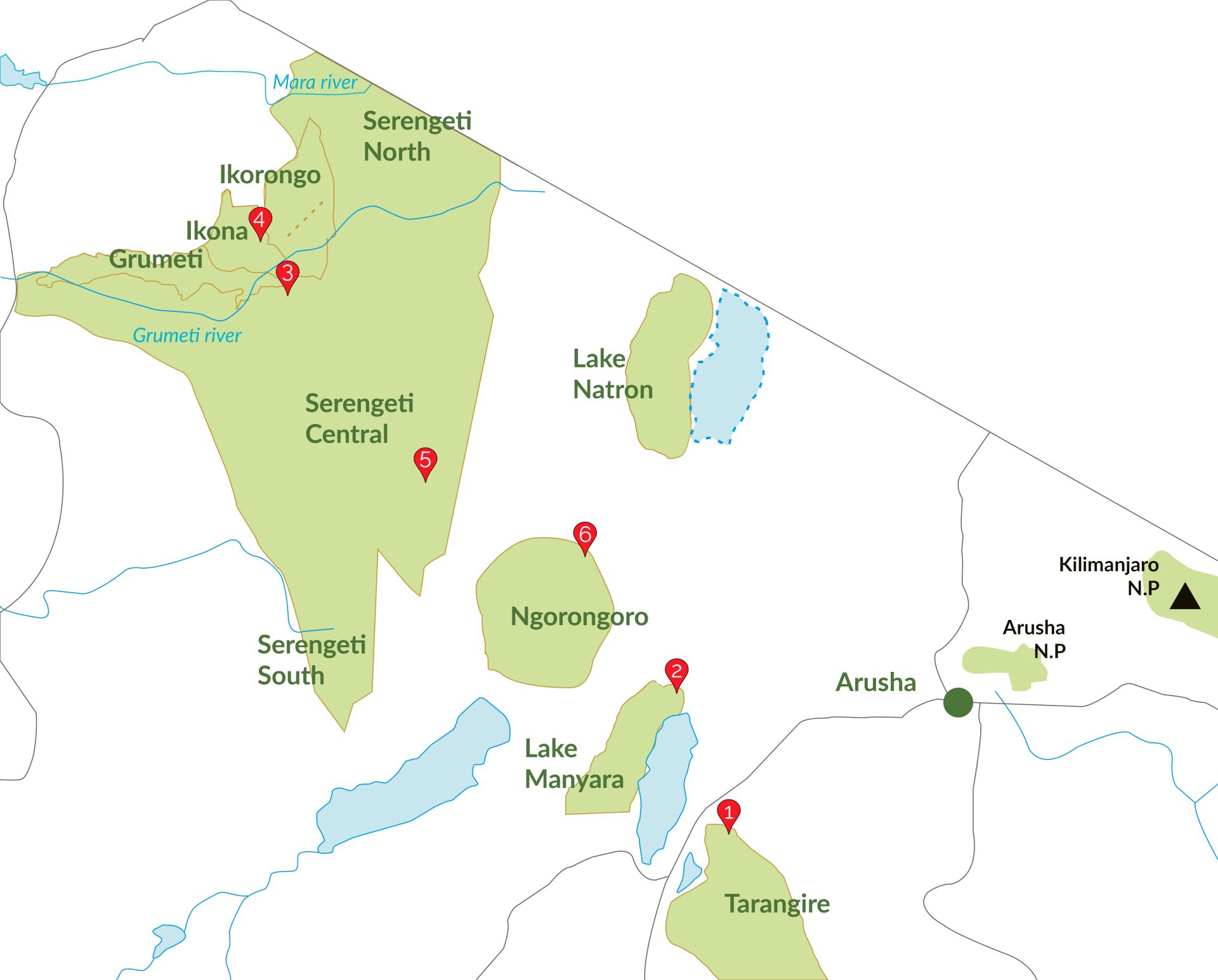 Safari de 6 jours dans le nord de la Tanzanie (carte)